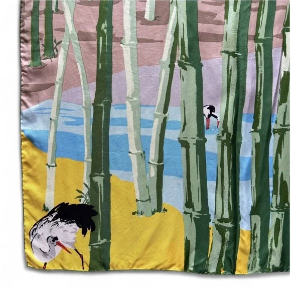 Vintage KEN SCOTT Silk Scarf  1970s "Animalia" Tiger Crane Bamboo‎ Print Flaws - Picture 4 of 13